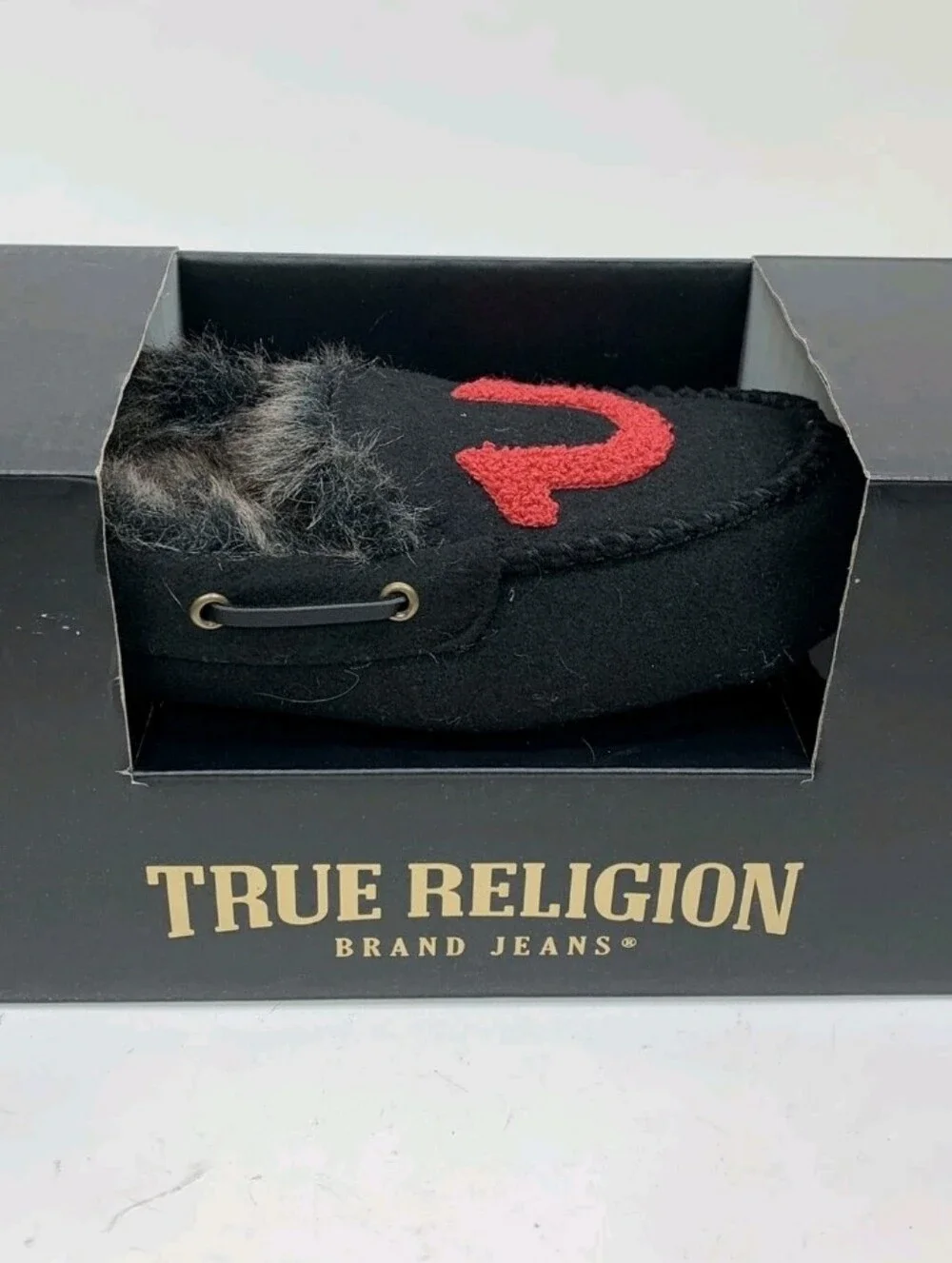 True Religion Black Faux Fur Moccasin Slipper with Red Logo